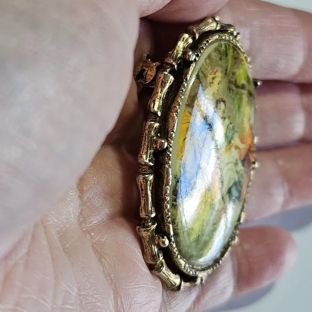 Vintage Gold Tone Porcelain Serenade Cameo Brooch